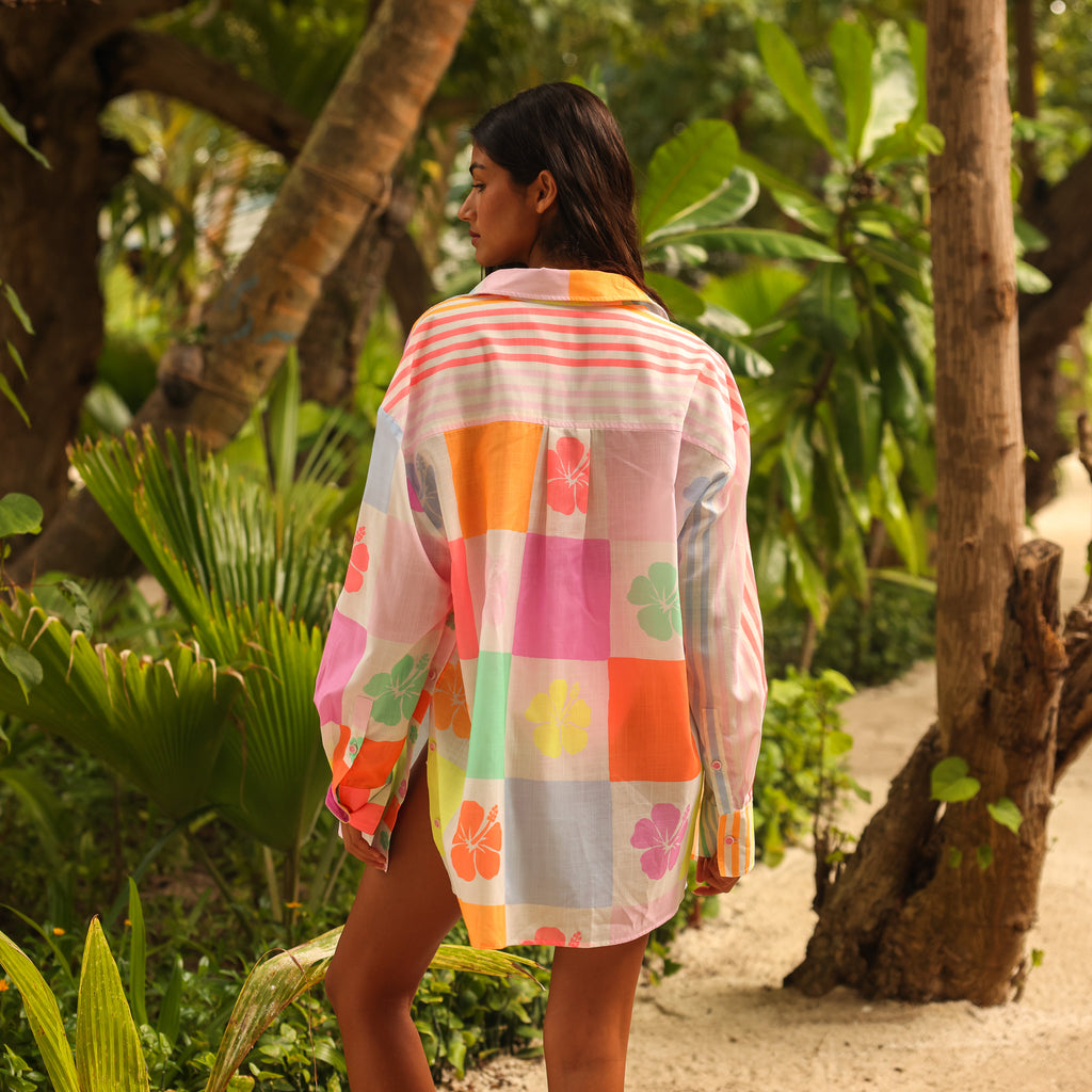 Long Sleeve Beach Shirt - Hibiscus Rainbow